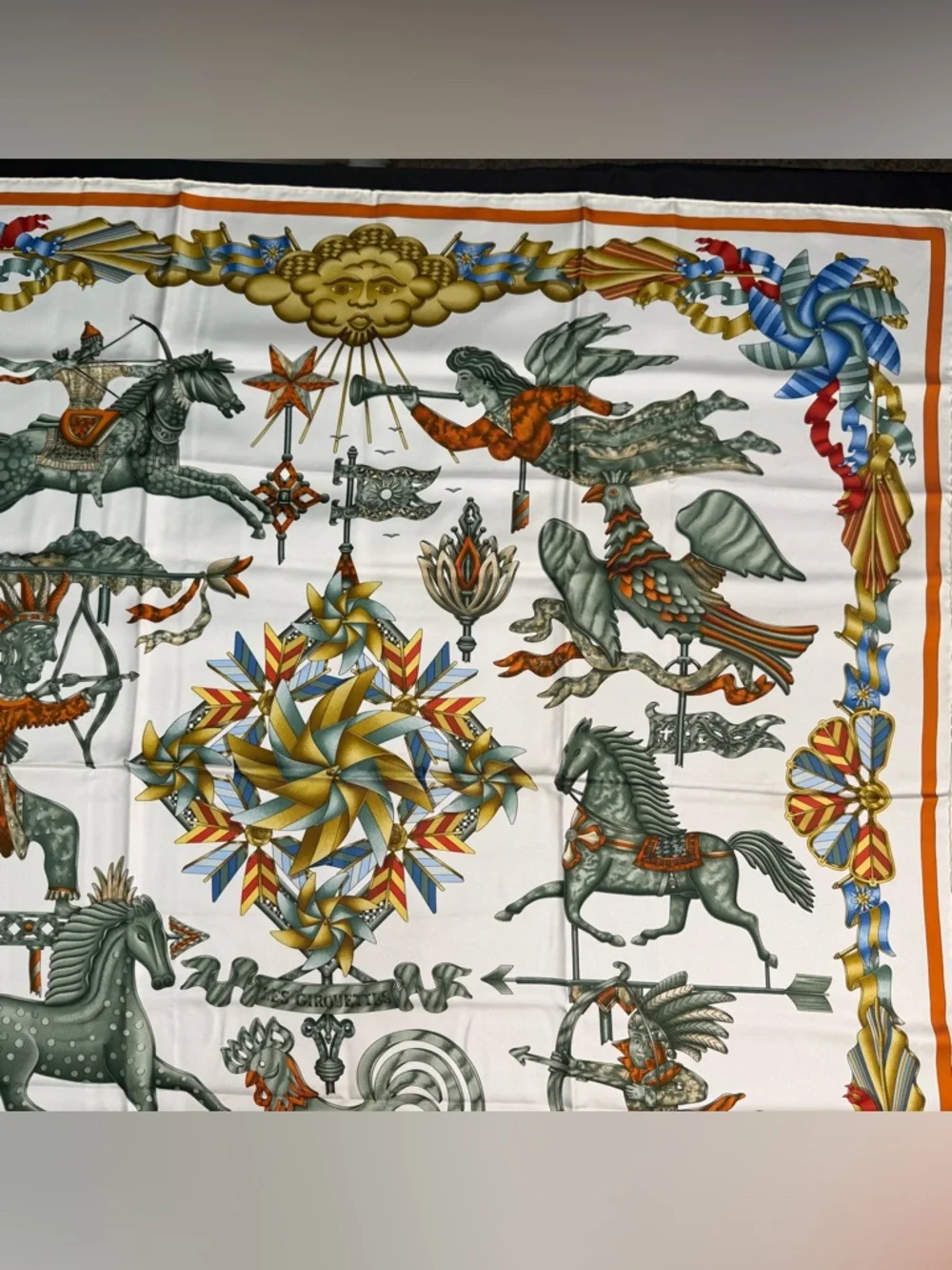 Hermes Silk Scarf Les Girouettes Wind Spinner Weather Vane Pinwheel Green White - Picture 3 of 12
